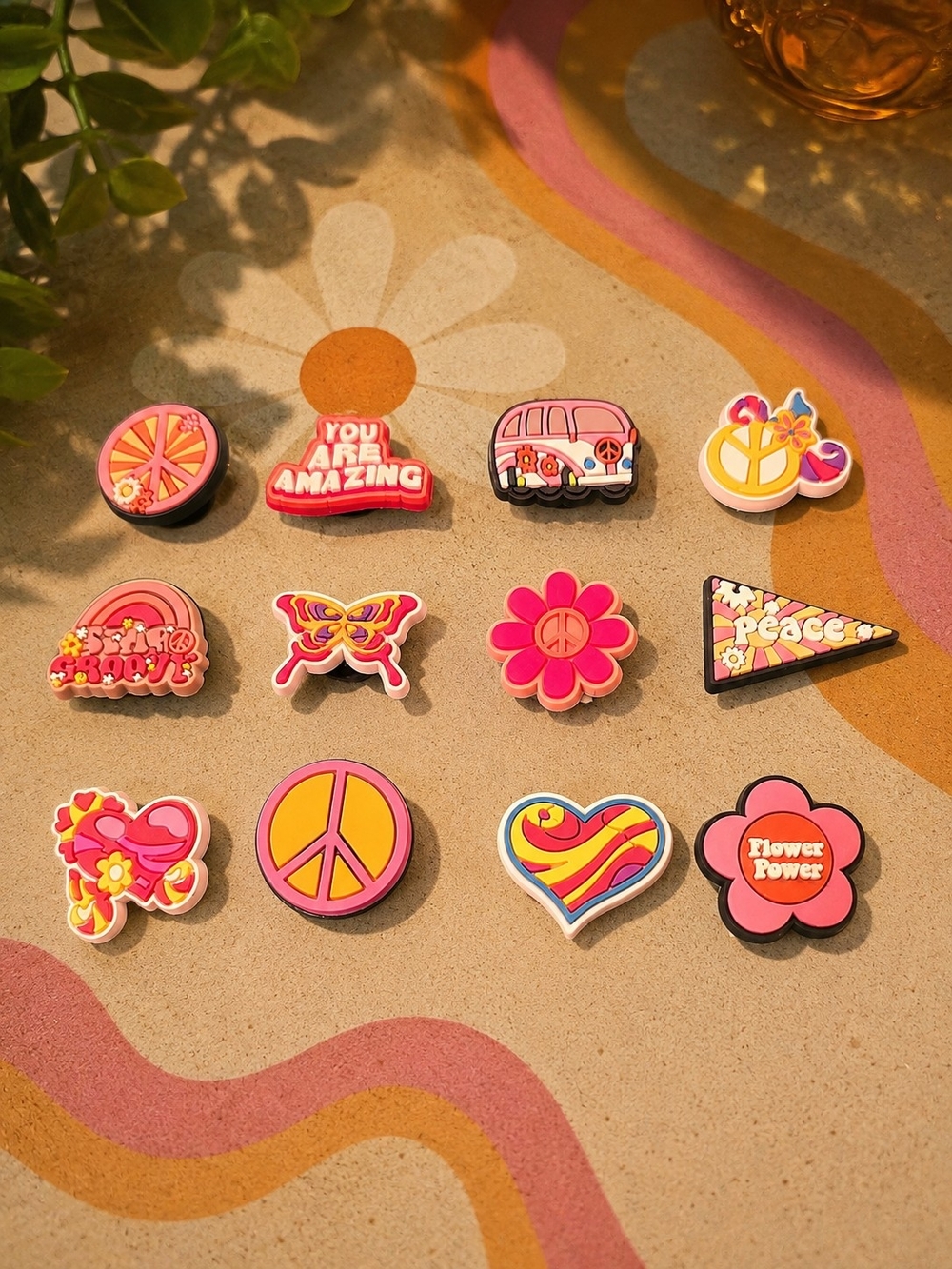 12pc Groovy Hippie Shoe Charms 60s 70s Clog Accessories Peace Flower Power Retro